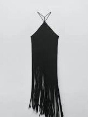 Zara Black Fringe Halter Dress – Size Small